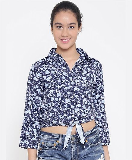Natilene Full Sleeves Heart Print Front Knot Style Top - Blue