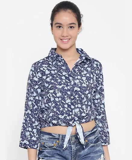 Natilene Full Sleeves Heart Print Front Knot Style Top - Blue