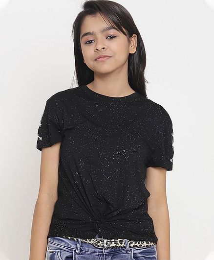 Natilene Self Design Half Sleeves Top - Black