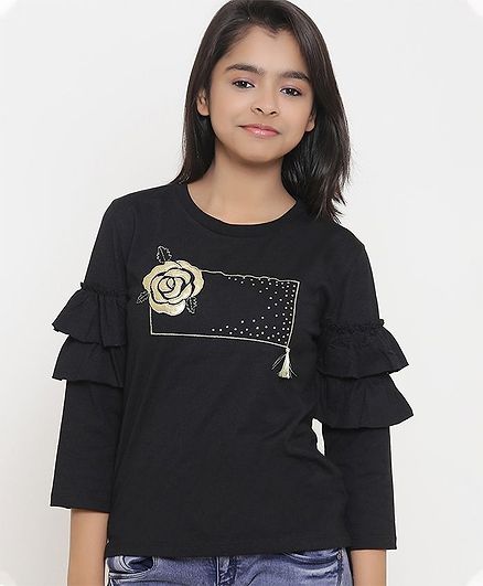 Natilene Full Sleeves Rose Design Top - Black