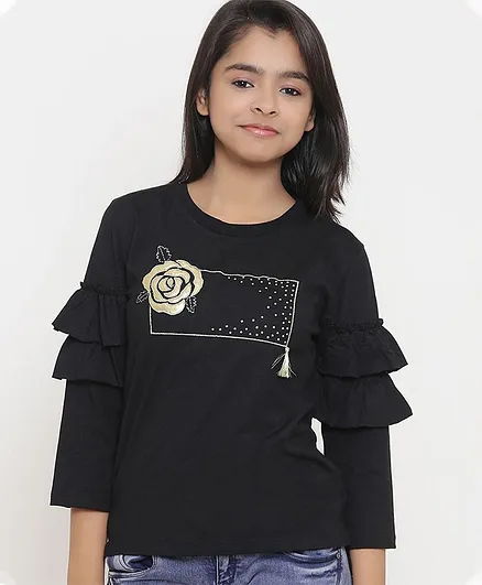 Natilene Full Sleeves Rose Design Top - Black