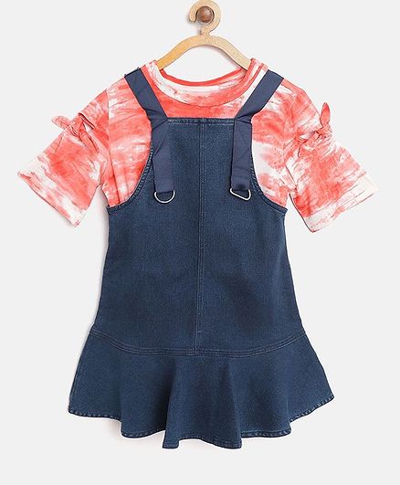 Natilene Half Sleeves Print Tee With Flared Dress - Blue