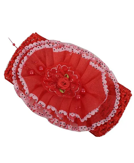 Yellow Bee Big Ruffle Flower Pearl Detailing Headband - Red