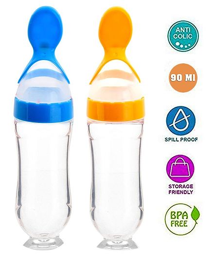 The Little Lookers Squeezy Silicone Food Feeder Pack of 2 Blue Yellow - 90 ml each