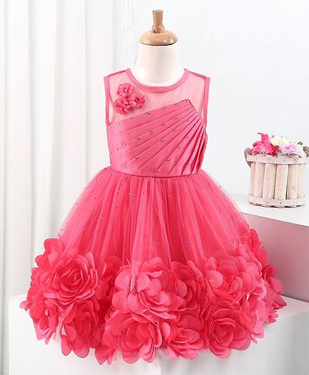 Bluebell Sleeveless Floral & Beads Embellished Party Frock - Fuchsia