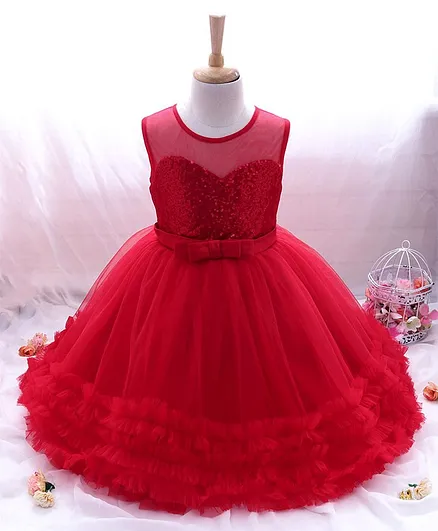 Bluebell Sleeveless Party Frock with Bow Applique - Red