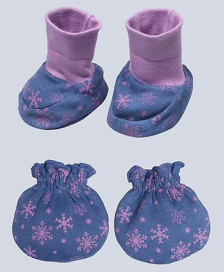 Grandma's Pink Leaves Printed Mittens and Booties Set - Blue