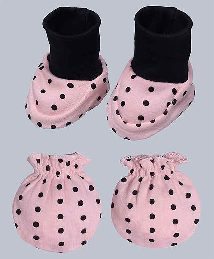 Grandma's Black Polka Printed Mittens and Booties Set - Pink