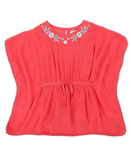GINI & JONY Half Sleeves Flower Embroidery Detailing Kaftan Top - Pink