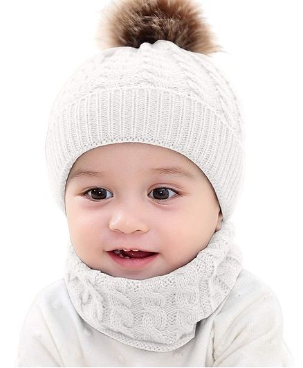 Syga Woolen Pom Pom Cap & Scarf Set White - Diameter 11 cm