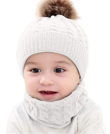 Syga Woolen Pom Pom Cap & Scarf Set White - Diameter 11 cm