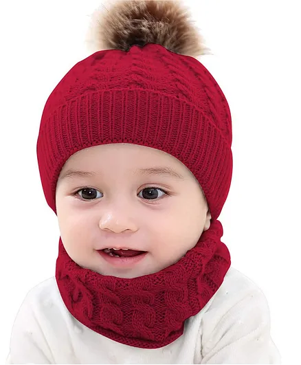 Syga Woolen Pom Pom Cap & Scarf Set Maroon - Diameter 11 cm