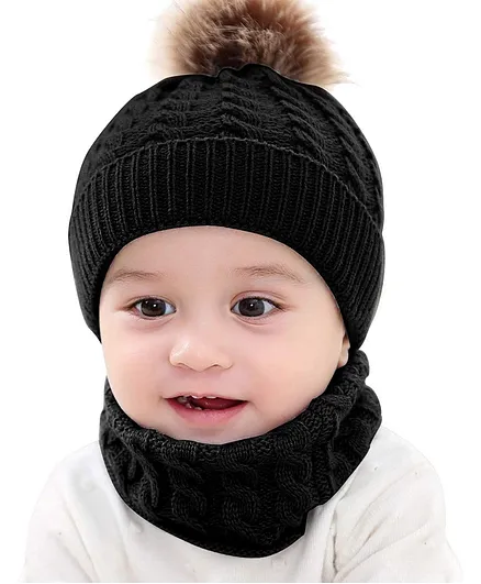 Syga Woolen Pom Pom Cap & Scarf Set Black - Diameter 15.5 cm