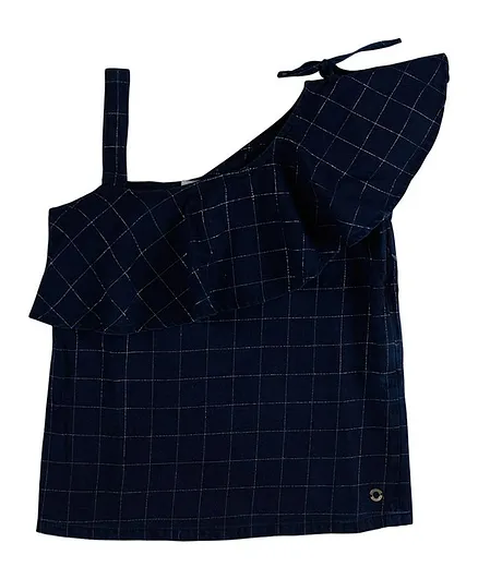 GINI & JONY Short Sleeves Checked One Sided Ruffled Top - Dark Blue