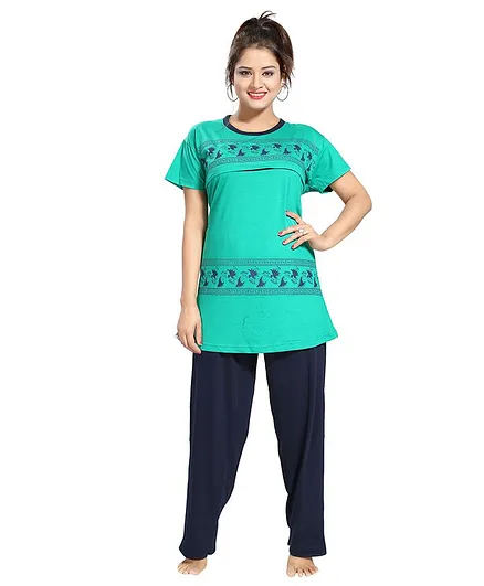 Fabme Short Sleeves Printed Maternity Night Suit - Green