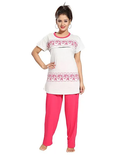 Fabme Short Sleeves Printed Maternity Night Suit - Grey