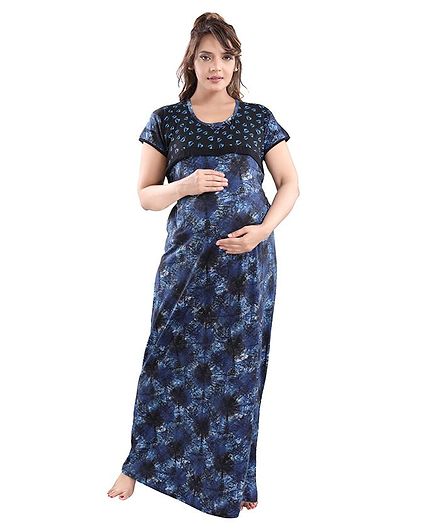 Fabme Nursing Short Sleeves Abstract Design Night Gown - Blue