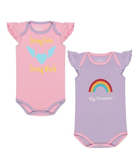 Nap Chief Pack Of 2 Cap Sleeves Strong Girl & Strong World Print Onesie Set - Pink & Purple