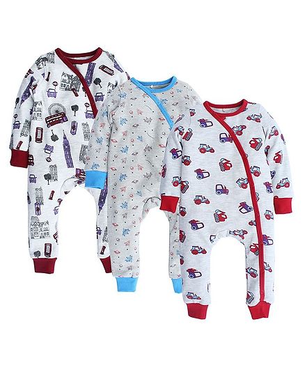 Kadam Baby Pack Of 3 Full Sleeves Vehicle Print Bodysuit Set - Grey