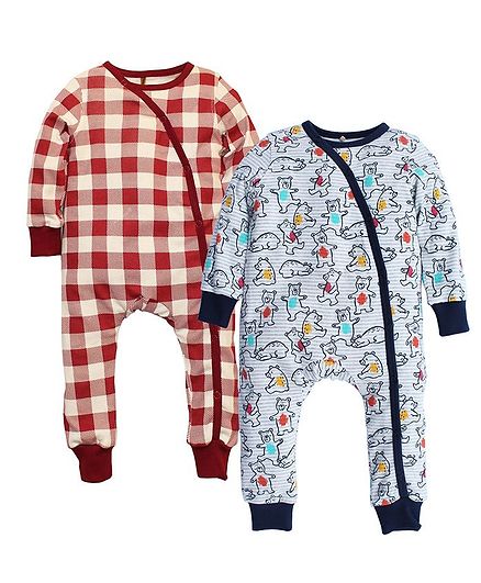 Kadam Baby Pack Of 2 Full Sleeves Checks & Bear Print Bodysuit Set - Grey & Red