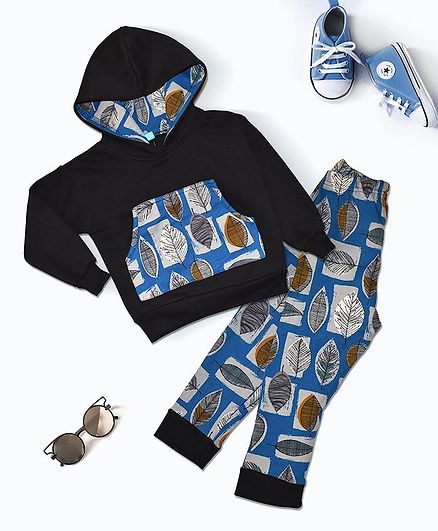Tiara Full Sleeves Leaves Print Hoodie With Bottom Set - Blue