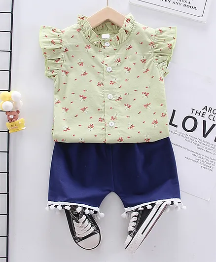 Kookie Kids Flutter Sleeves Shirt and Pom Pom Lace Border Shorts Set Floral Print - Green Blue