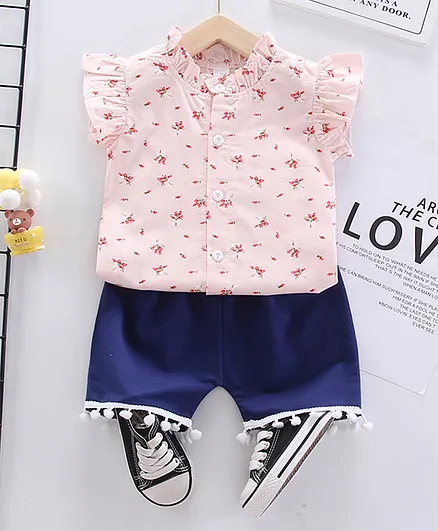 Kookie Kids Flutter Sleeves Shirt And Shorts Set Floral Print - Pink Blue