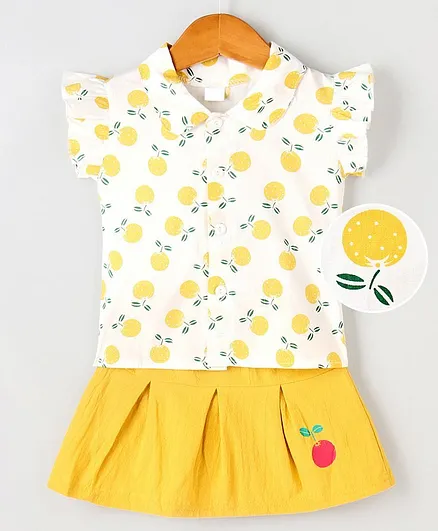 Kookie Kids Flutter Sleeves Printed Top & Skirt - Yellow