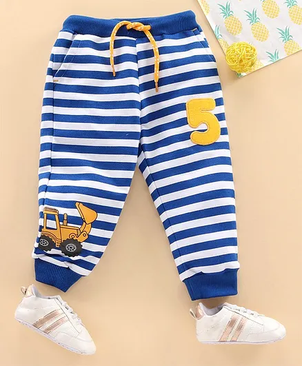 Babyhug Full Length Lounge Pants JCB Print Striped - Blue