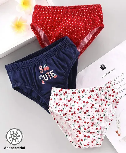 Babyhug 100% Cotton Antibacterial Panties Cherry Print Pack of 3 - Red Navy Blue