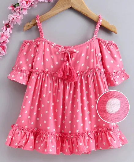 Babyhug Half Sleeves Cold Shoulder Frock Polka Dot Print - Pink