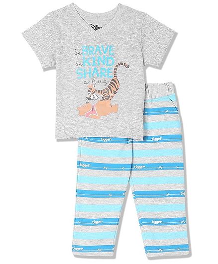 Colt Half Sleeves Winnie The Pooh Printed Tee With Striped Pants - Grey & Blue