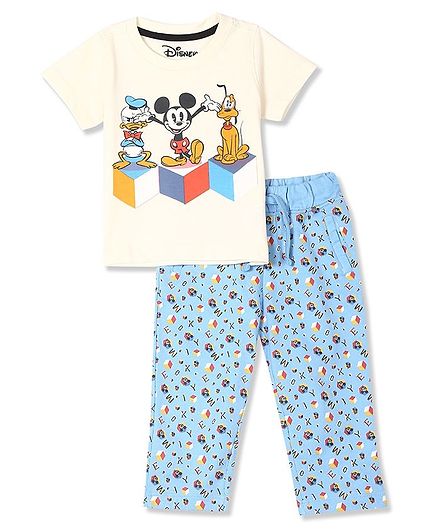 Colt Half Sleeves Mickey Printed Tee With Striped Pants - Off White & Blue