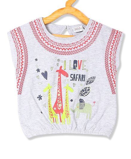 Donut Short Sleeves Animals Printed Elasticized Hem Top - Grey