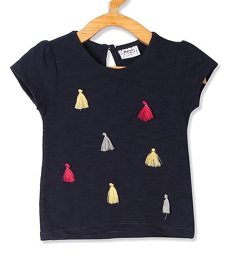 Donut Short Sleeves Tassel Embellished Top - Navy Blue