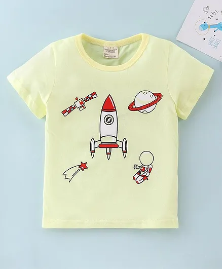 Kookie Kids Half Sleeves Tee Rocket Print - Light Yellow