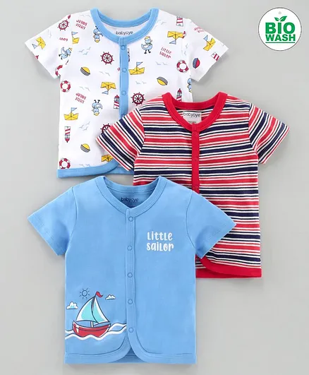Babyoye Bio Wash Cotton Half Sleeves Jhablas Multirpint Pack of 3 - Blue White Red