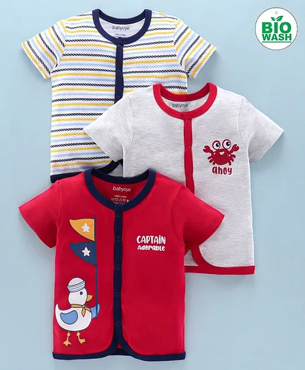 Babyoye Bio Wash 100%Cotton Half Sleeves Vests Pack of 3 - Red Light Grey
