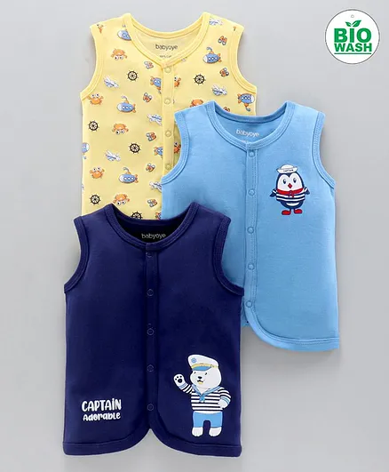 Babyoye Bio Wash Sleeveless Jhabla Nautical Print Pack of 3 - Blue