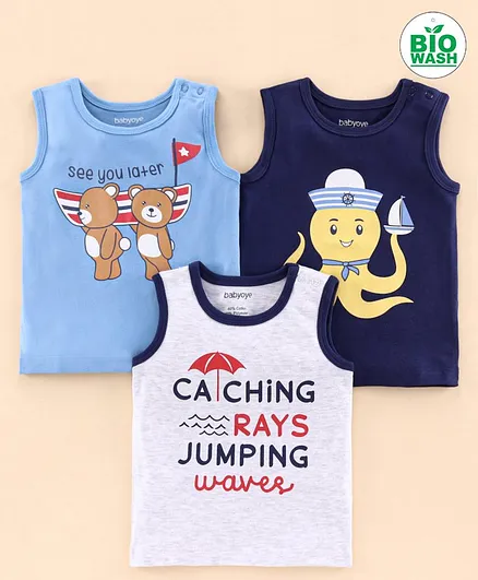 Babyoye Sleeveless Nautical Print T-Shirts Pack Of 3 - Blue