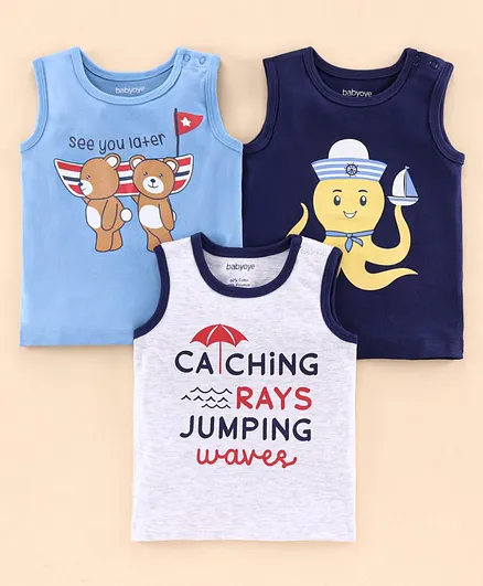 Babyoye Sleeveless Nautical Print T-Shirts Pack Of 3 - Blue
