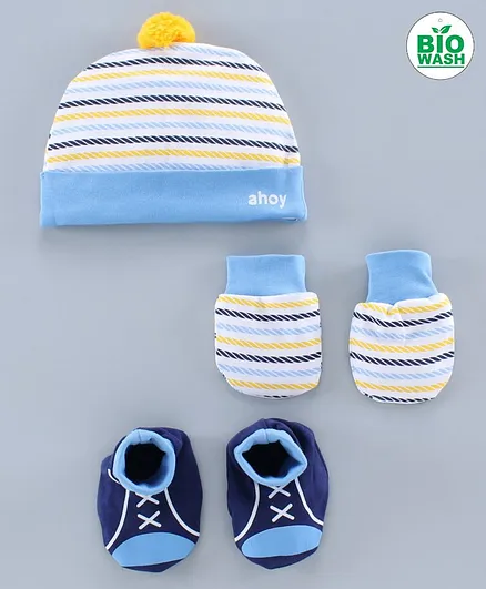 Babyoye Cotton Striped Cap, Mittens and Bootie Set - Blue