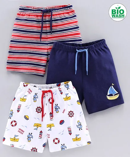 Babyoye Cotton Shorts Multiprint Pack of 3 - Blue White Red