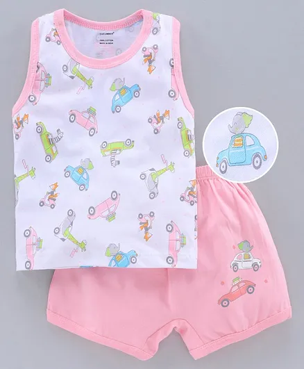 Cucumber Sleeveless Tee & Shorts Car Print - Peach