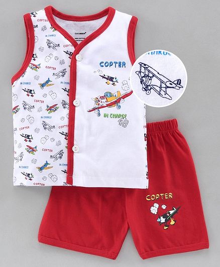 Cucumber Sleeveless Tee & Shorts Set Aircraft Print - Red