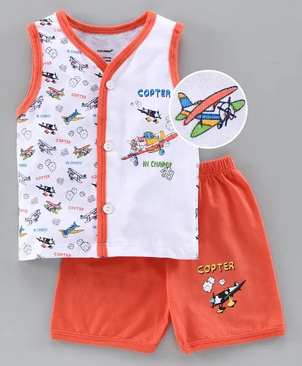 Cucumber Sleeveless Tee & Shorts Set Aircraft Print - Orange