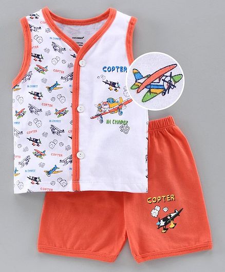 Cucumber Sleeveless Tee & Shorts Set Aircraft Print - Orange