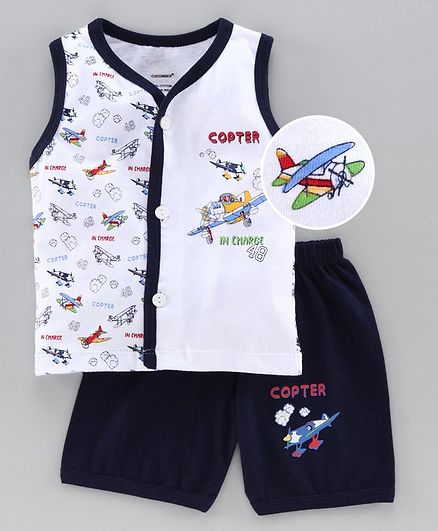 Cucumber Sleeveless Tee & Shorts Set Aircraft Print - Navy