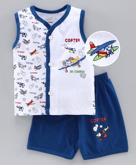 Cucumber Sleeveless Tee & Shorts Set Aircraft Print - Blue