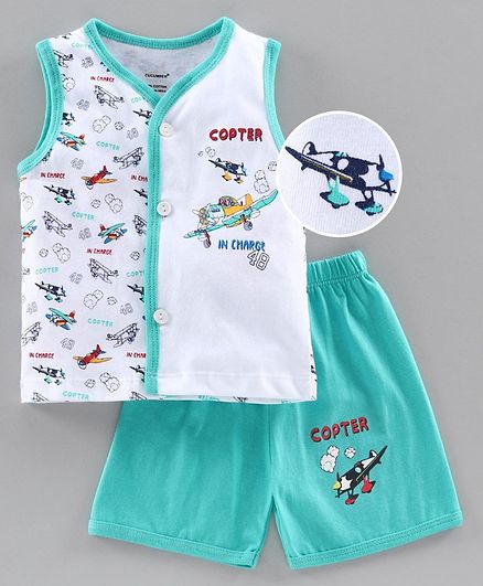 Cucumber Sleeveless Tee & Shorts Set Aircraft Print - Aqua Blue